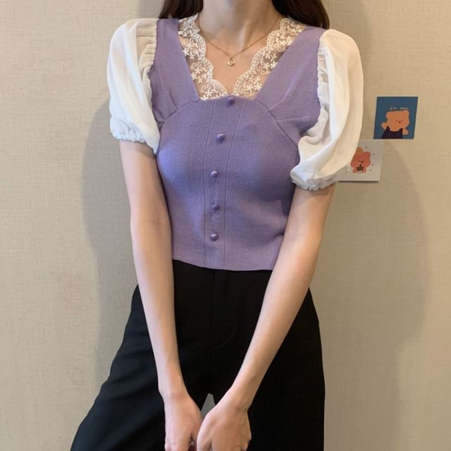 Embroidered V-Neck Top Short-Sleeve Button Panel