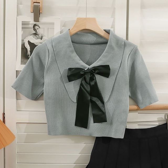 Collared Bow Top Crop Knit Short-Sleeve
