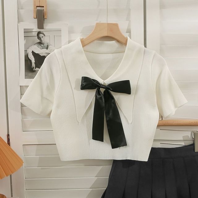 Collared Bow Top Crop Knit Short-Sleeve
