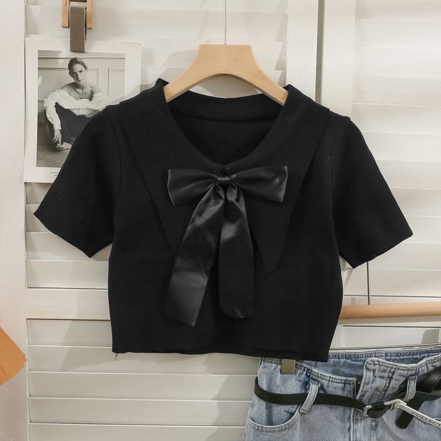 Collared Bow Top Crop Knit Short-Sleeve