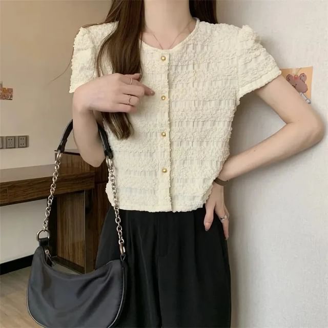 Frill Neck Button Round Plain Short-Sleeve Top