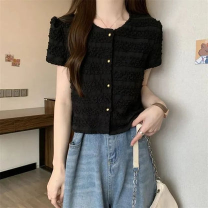 Frill Neck Button Round Plain Short-Sleeve Top