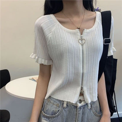 Ribbed Plain Round Zip Neck Cardigan Short-Sleeve