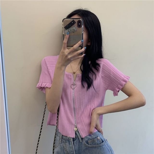 Ribbed Plain Round Zip Neck Cardigan Short-Sleeve