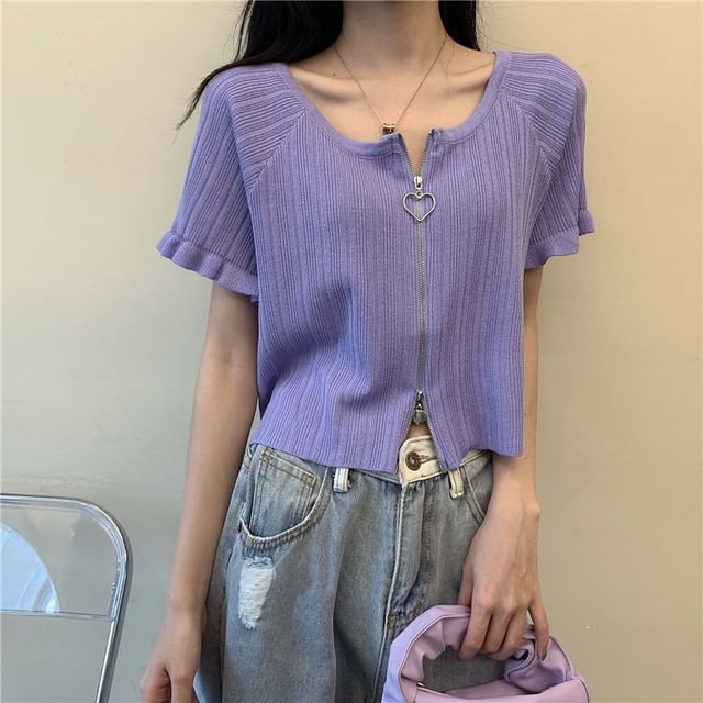 Ribbed Plain Round Zip Neck Cardigan Short-Sleeve