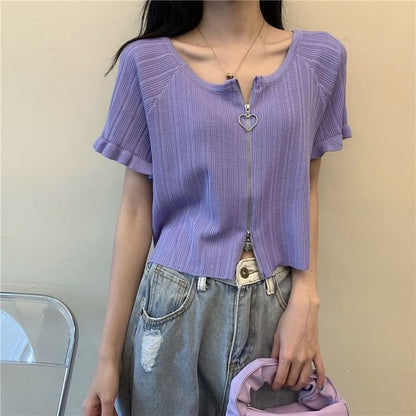 Ribbed Plain Round Zip Neck Cardigan Short-Sleeve