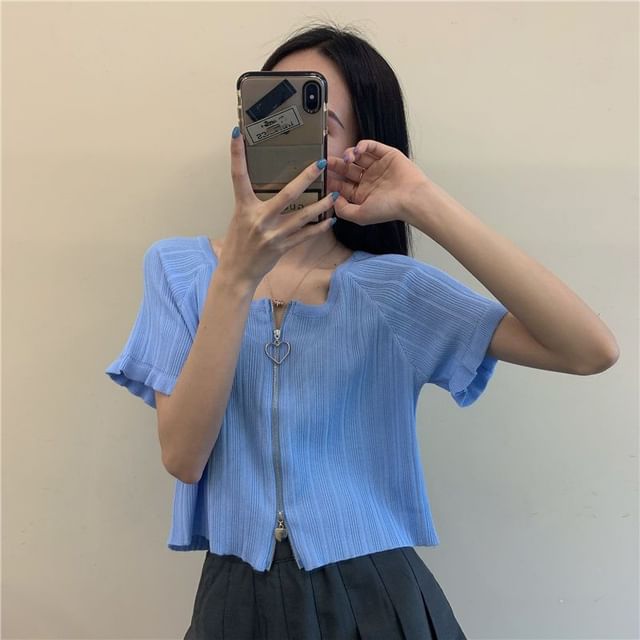 Ribbed Plain Round Zip Neck Cardigan Short-Sleeve