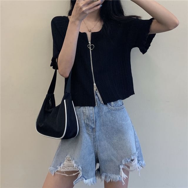 Ribbed Plain Round Zip Neck Cardigan Short-Sleeve