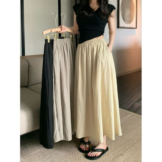 Maxi A-Line Skirt Elastic Waist Plain