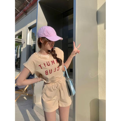 T-Shirt Print Crew Shorts Plain Lettering Neck Drawstring Set: Short-Sleeve + Waist