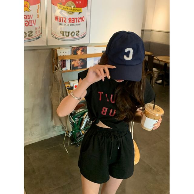 T-Shirt Print Crew Shorts Plain Lettering Neck Drawstring Set: Short-Sleeve + Waist
