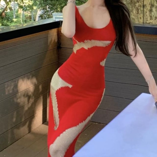 Bodycon Neck Back Open Sleeveless Patterned Dress Maxi Scoop