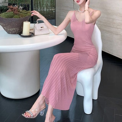 Strap Maxi Dress Spaghetti V-Neck Bodycon Plain
