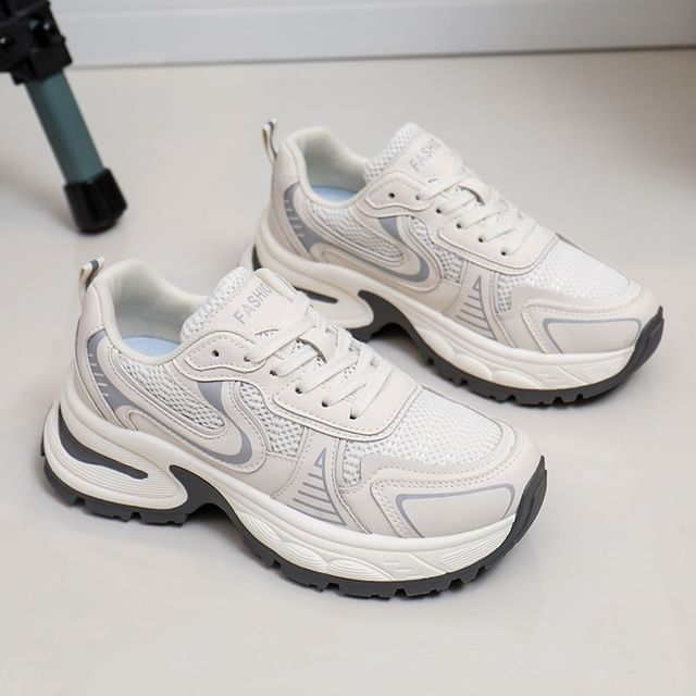 Mesh Panel Lace-Up Platform Sneakers