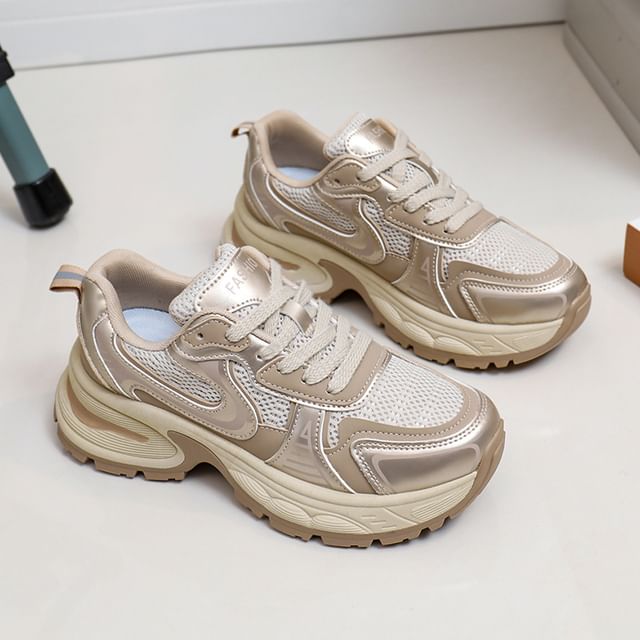 Mesh Panel Lace-Up Platform Sneakers