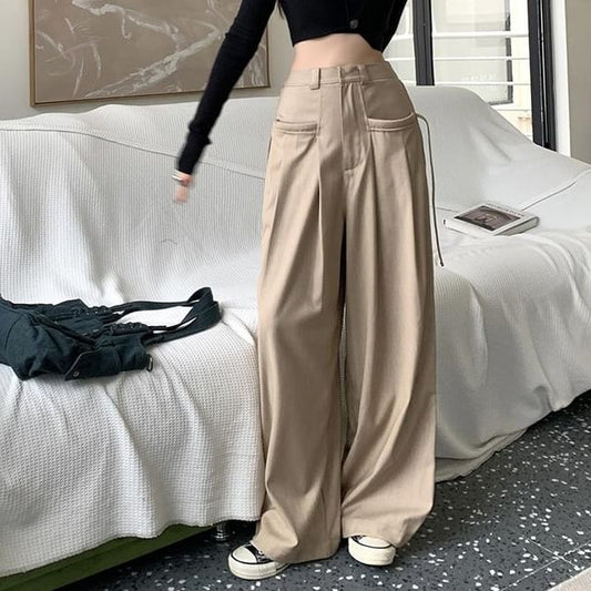 Suit Pleated Pants Wide High Leg Plain Rise