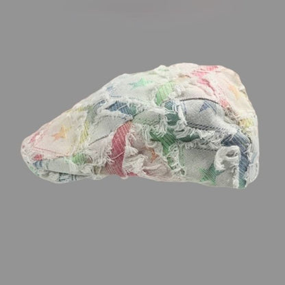 Fringed / Print Distressed Star Denim Trim Newsboy Cap Gradient