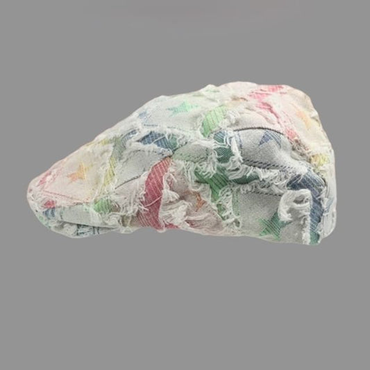 Fringed / Print Distressed Star Denim Trim Newsboy Cap Gradient