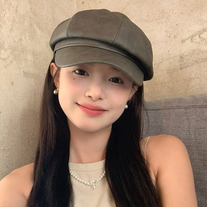 Faux Newsboy Leather Cap