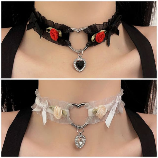 Wholesale Sample Rose Bow Heart Pendant Tulle Choker