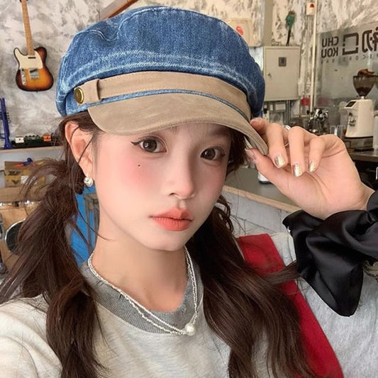 Panel Sailor Cap Suede Faux Washed Denim