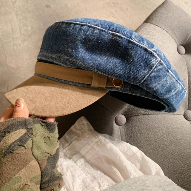 Panel Sailor Cap Suede Faux Washed Denim