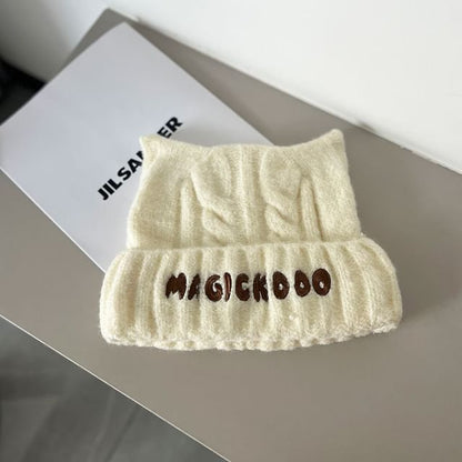 Beanie Cable Embroidered Lettering Knit