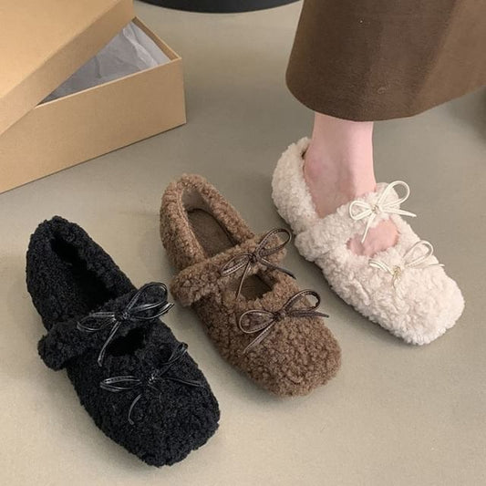 Sample Square Toe Bow Fleece Hidden Wedge Mary Jane Shoes