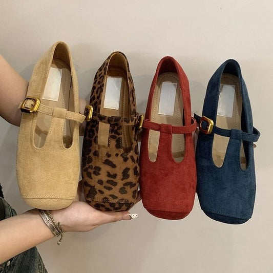 Sample Square Toe T-Strap Faux Suede Flats
