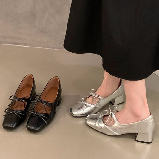 Sample Square Toe Bow Block Heel Mary Jane Pumps