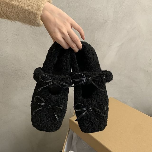 Sample Square Toe Bow Fleece Hidden Wedge Mary Jane Shoes