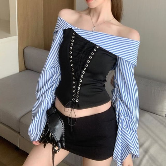 Off-Shoulder Striped Blouse Lace-Up Flared-Sleeve Cropped