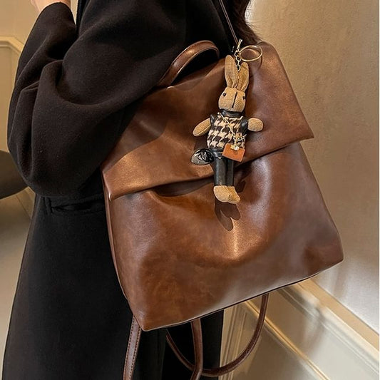 Leather Backpack With Flap Charm Faux