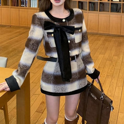 Bow Contrast Jacket Crew Trim / Crop Accent Button-Up Plaid Neck
