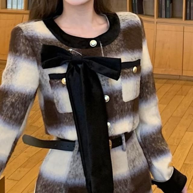 Bow Contrast Jacket Crew Trim / Crop Accent Button-Up Plaid Neck