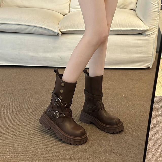 Boots Plain Buckled Faux Leather Platform Short