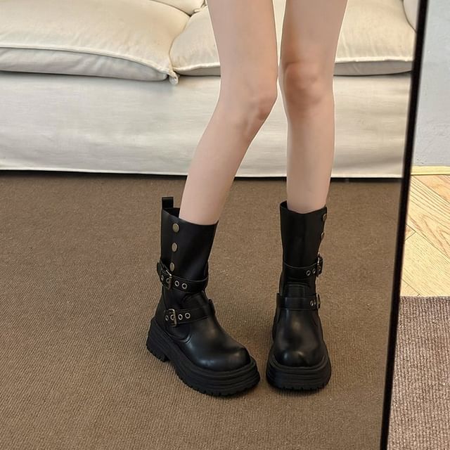 Boots Plain Buckled Faux Leather Platform Short