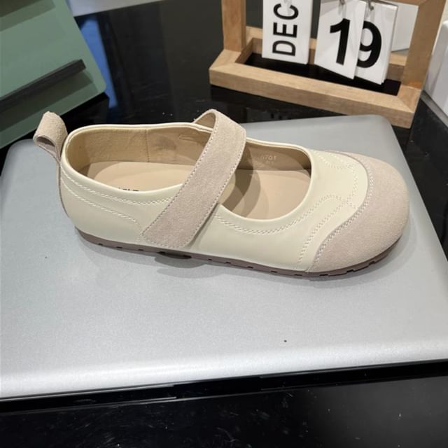 Leather Round Jane Mary Shoes Faux Adhesive Toe Strap