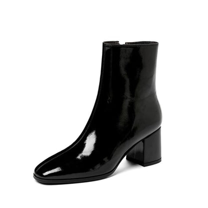 Leather Chunky Heel Plain Short Patent Zip-Up Boots