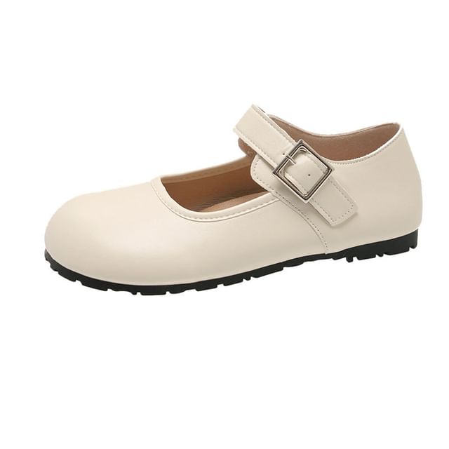 Round Buckled Leather Flats Plain Faux Mary Jane Toe