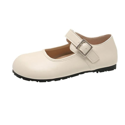 Round Buckled Leather Flats Plain Faux Mary Jane Toe