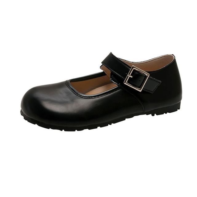 Round Buckled Leather Flats Plain Faux Mary Jane Toe