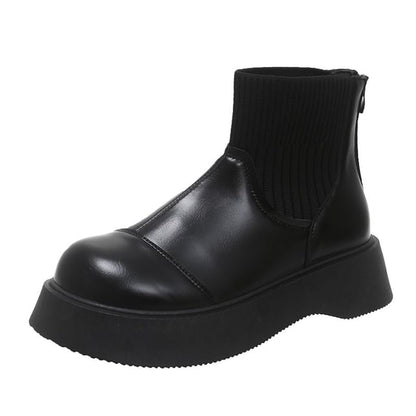 Faux Plain Sock Platform Boots Leather Short