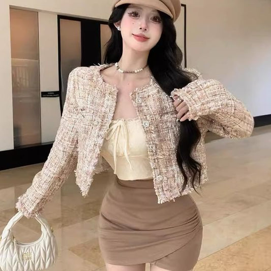 Tweed Cropped Round Button Neck Jacket