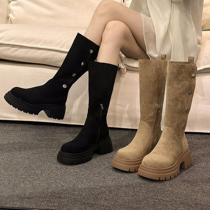 Platform Calf Faux Suede Button Mid Boots