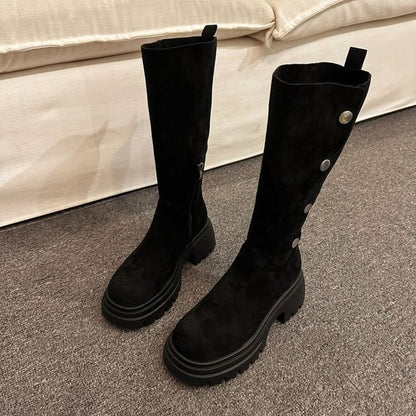 Platform Calf Faux Suede Button Mid Boots