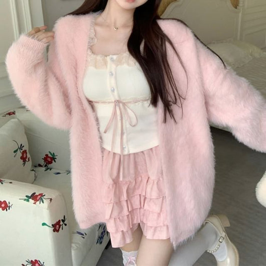 High Fluffy Cami / Lace Top Cardigan Front Trim Open Plain