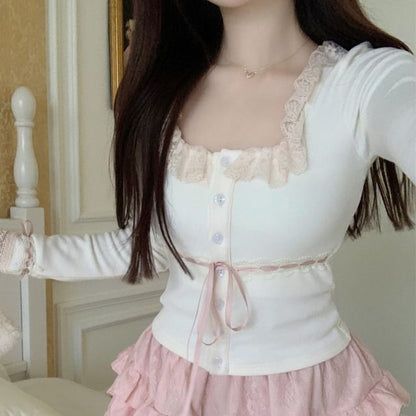 High Fluffy Cami / Lace Top Cardigan Front Trim Open Plain