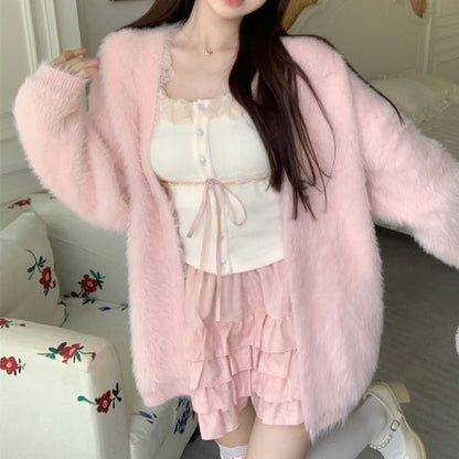 High Fluffy Cami / Lace Top Cardigan Front Trim Open Plain