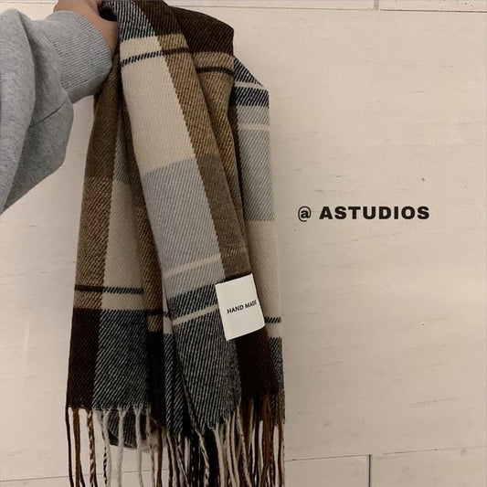 Plain Knit Snood Scarf Ribbed Button / Plaid